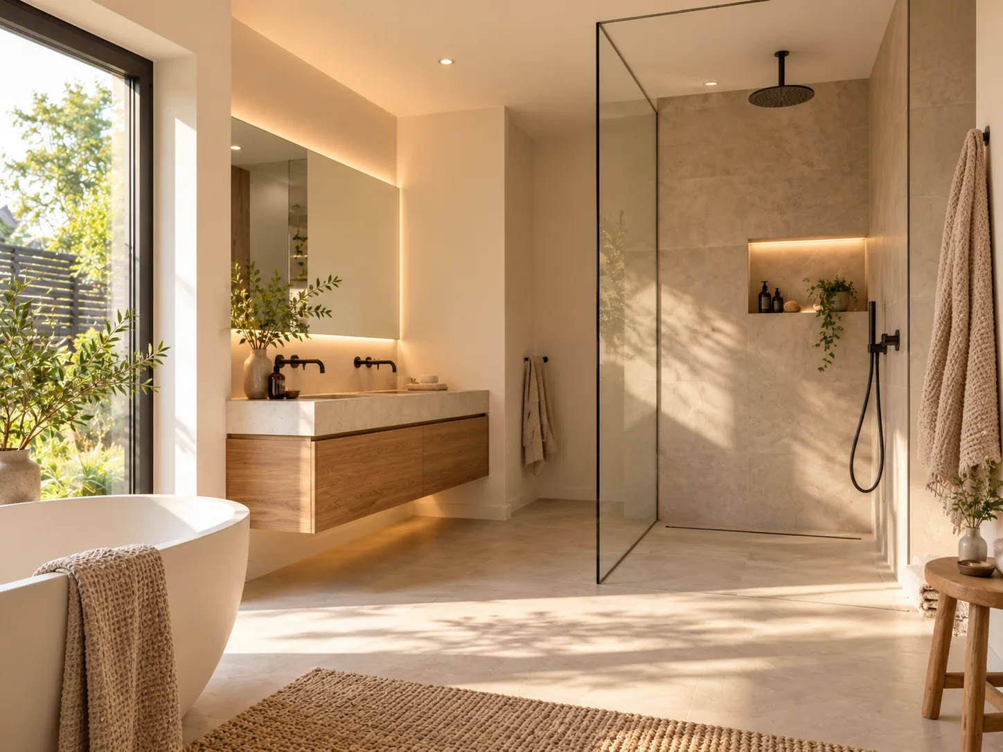 Sfeerbeeld van een moderne badkamer met inloopdouche en wastafelmeubel