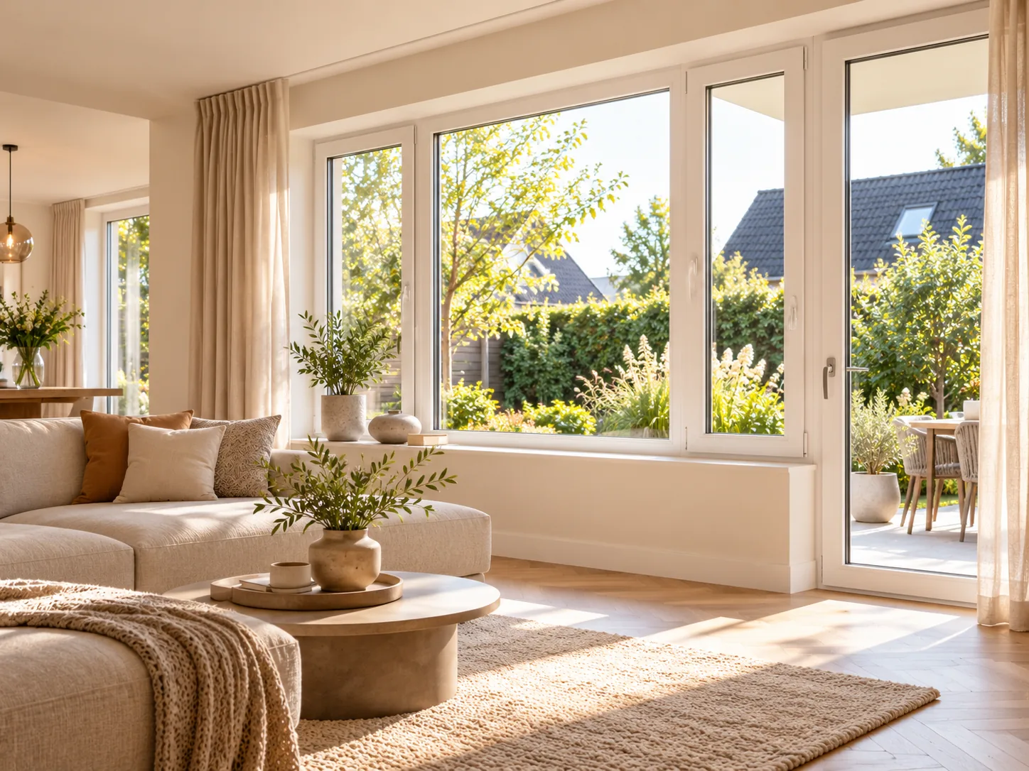 Sfeerbeeld van witte kunststof kozijnen met veel daglicht in een woning